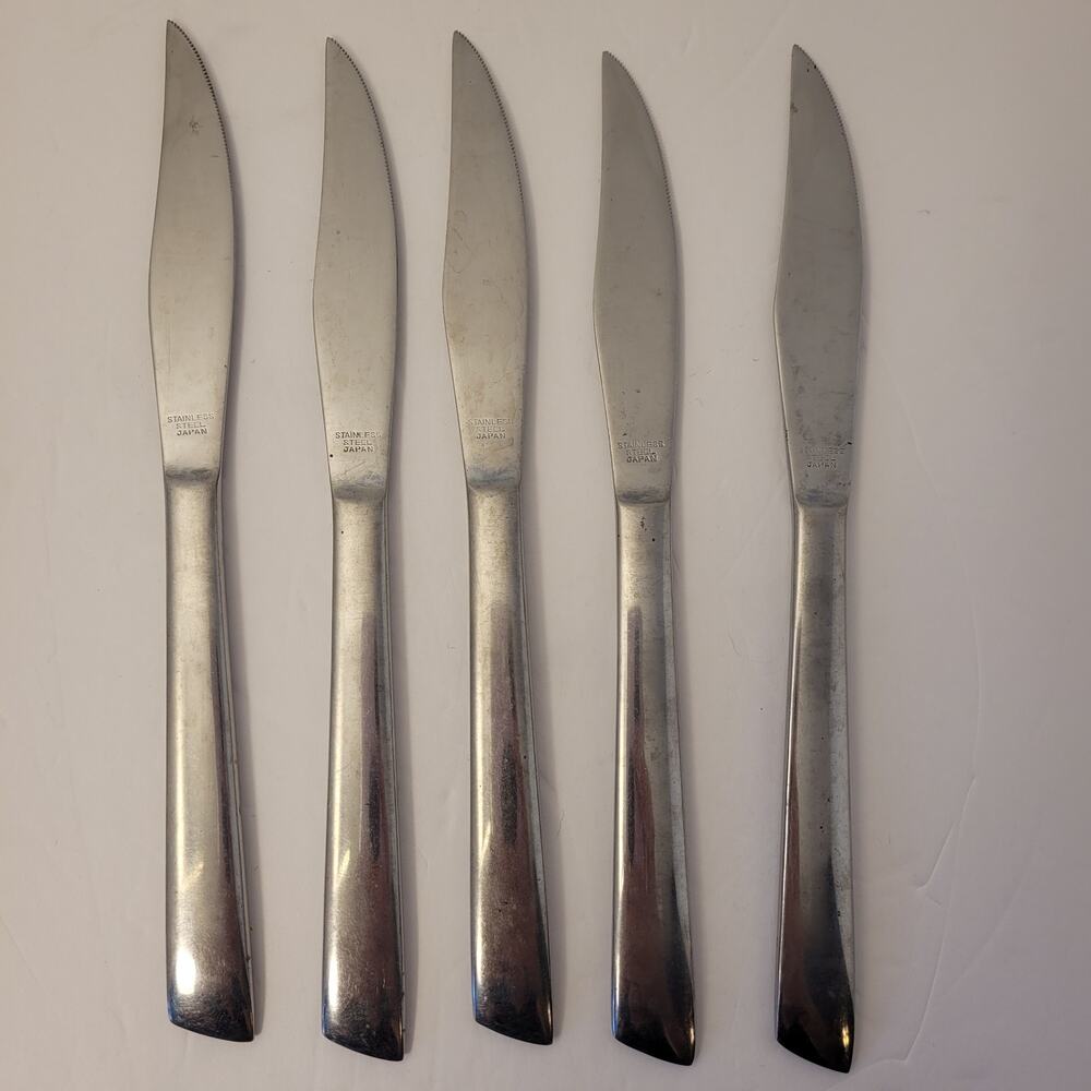 Set of 5 Solid Stainless Steel Dinner Steak Knives Japan Serrated Edge Pre-Owned